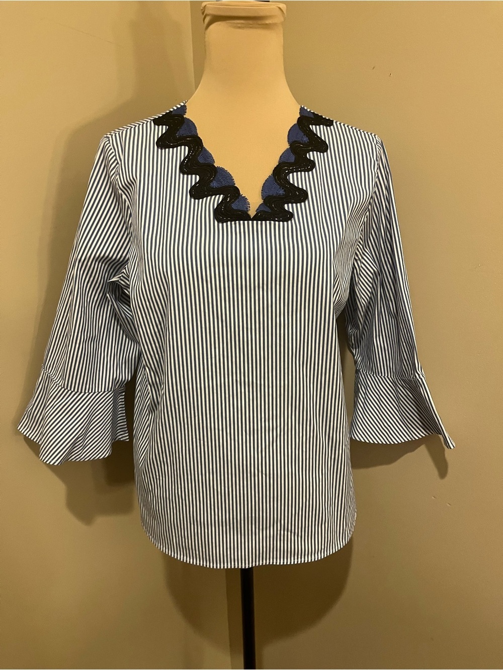 Talbots Navy & White Striped V-Neck Blouse with Scalloped Trim, Lp